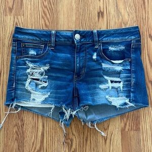 American Eagle Blue Frayed Distressed Shortie Shorts Sz 8
